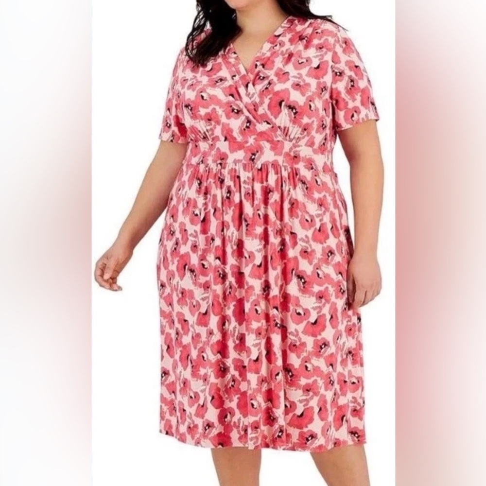 Anne Klein Camellia Floral Midi Dress Pink Plus Size 3X Stretch Jersey Spring